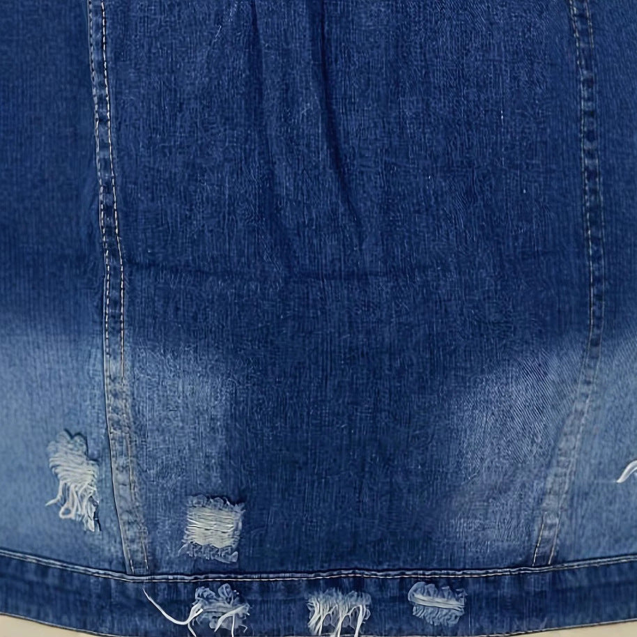 Women's Oversize Longline Denim Jacket with Distressed Details and Flap Pockets Mune Fashion