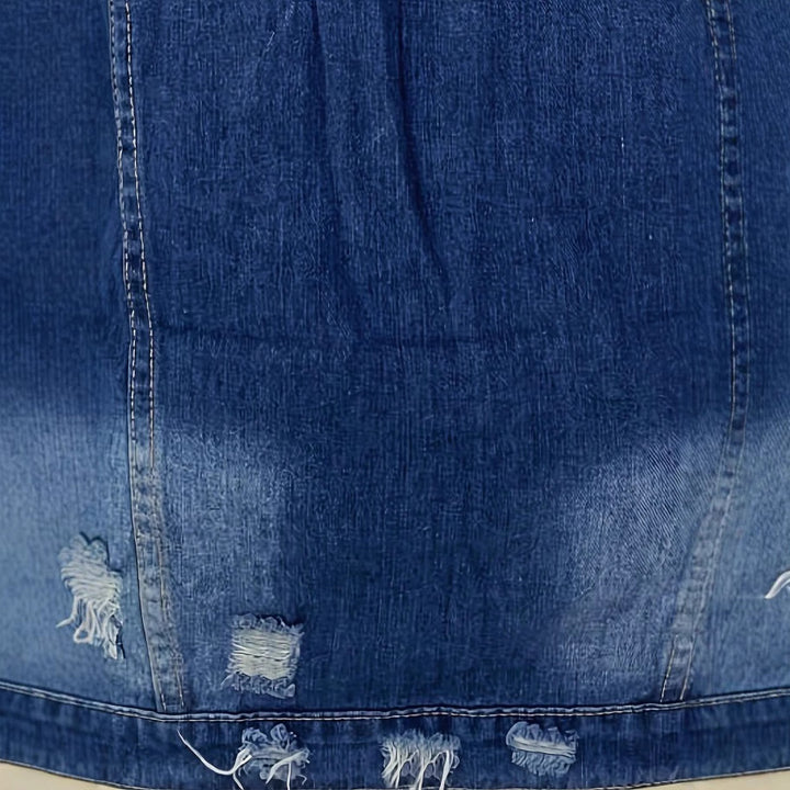 Women's Oversize Longline Denim Jacket with Distressed Details and Flap Pockets Mune Fashion