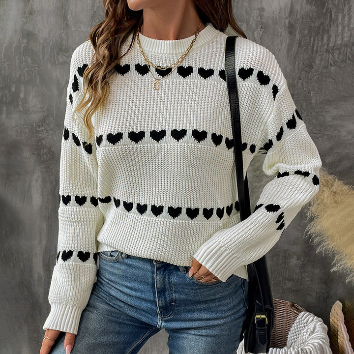 Women's knitted sweater with heart jacquard, oversized round neck & ribbed cuffs Mune Fashion