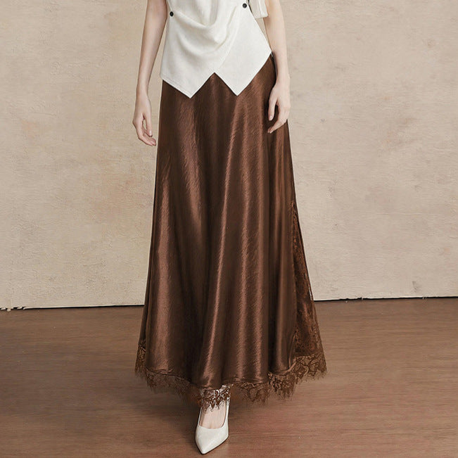 Women's flared satin midi skirt with fine lace lining and seamless waistband Mune Fashion