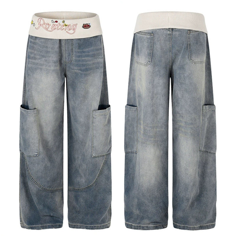 Women's Wide Denim Palazzo Cargo Pants with Comfort Ribbed Waistband and Patch Pockets Mune Fashion