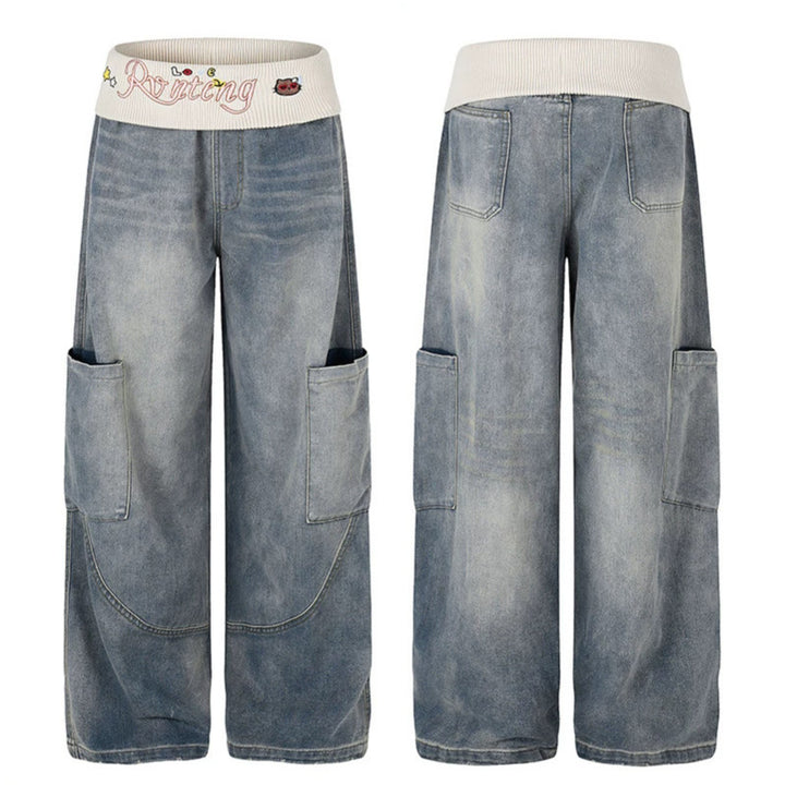 Women's Wide Denim Palazzo Cargo Pants with Comfort Ribbed Waistband and Patch Pockets Mune Fashion
