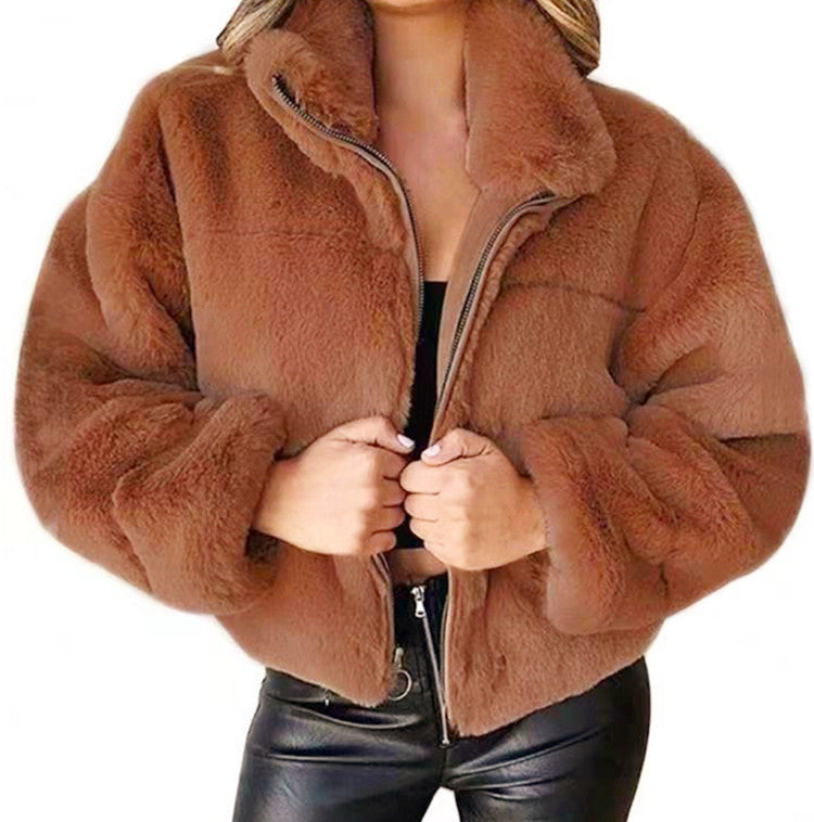 Women nan short cozy faux fur jacket with stand-up collar and zipper Mune Fashion