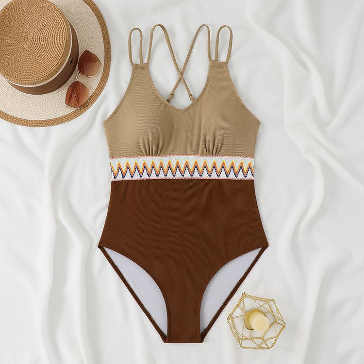 Women's One-Piece Swimsuit with Stylish Back Cutout and Decorative Cuff Mune Fashion
