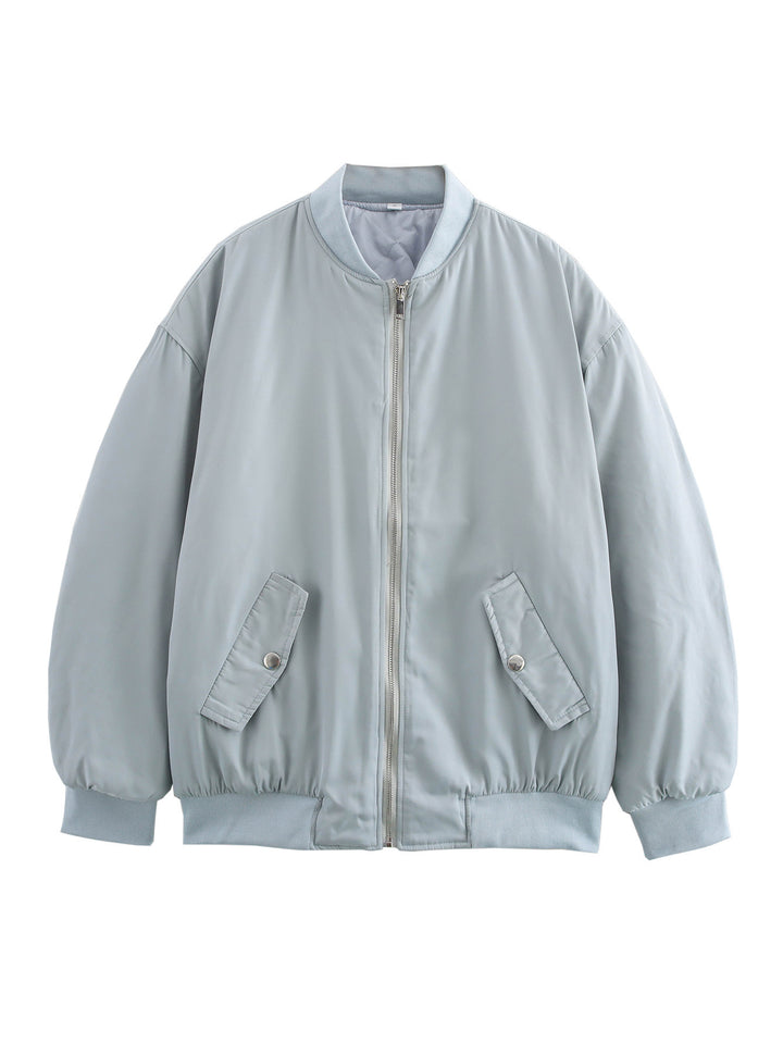 Ladies oversized bomber jacket with stand-up collar, zipper and snap button pockets Mune Fashion