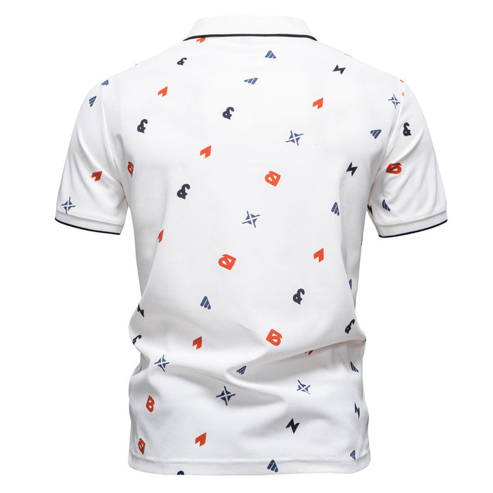 Men's short-sleeved pique polo shirt with geometric all-over print, kent collar, and contrast trim Mune Fashion