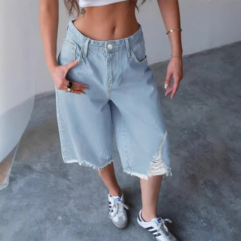 Women's Wide Denim Culotte with High Waist, Distressed Details and Raw Hem Mune Fashion