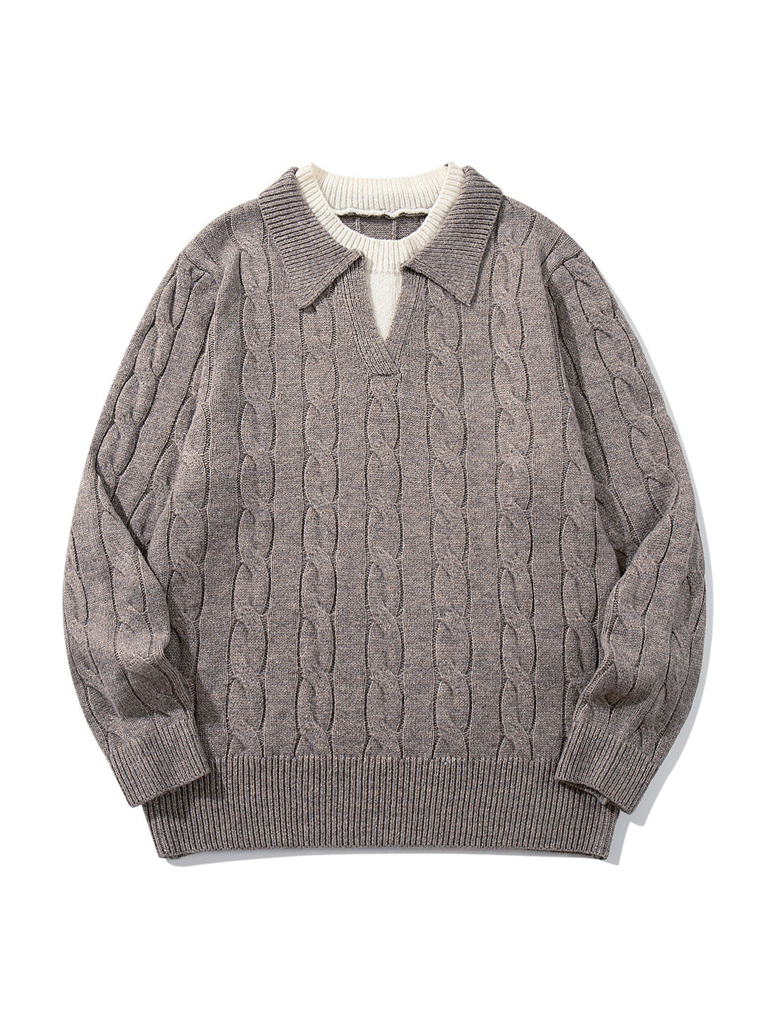 Unisex Structured Cable Knit Sweater with Polo Collar and Deep V-neck Mune Fashion