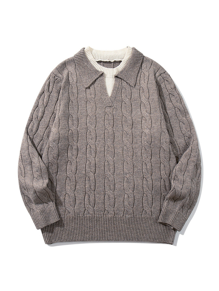 Unisex Structured Cable Knit Sweater with Polo Collar and Deep V-neck Mune Fashion