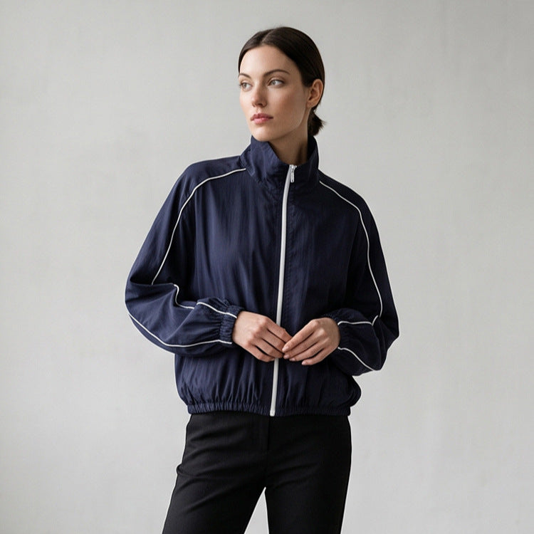 Women's Lightweight Sports Track Jacket with Stand-up Collar, Contrast Piping and Elastic Waistband Mune Fashion