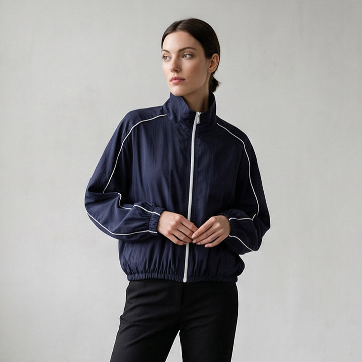 Women's Lightweight Sports Track Jacket with Stand-up Collar, Contrast Piping and Elastic Waistband Mune Fashion