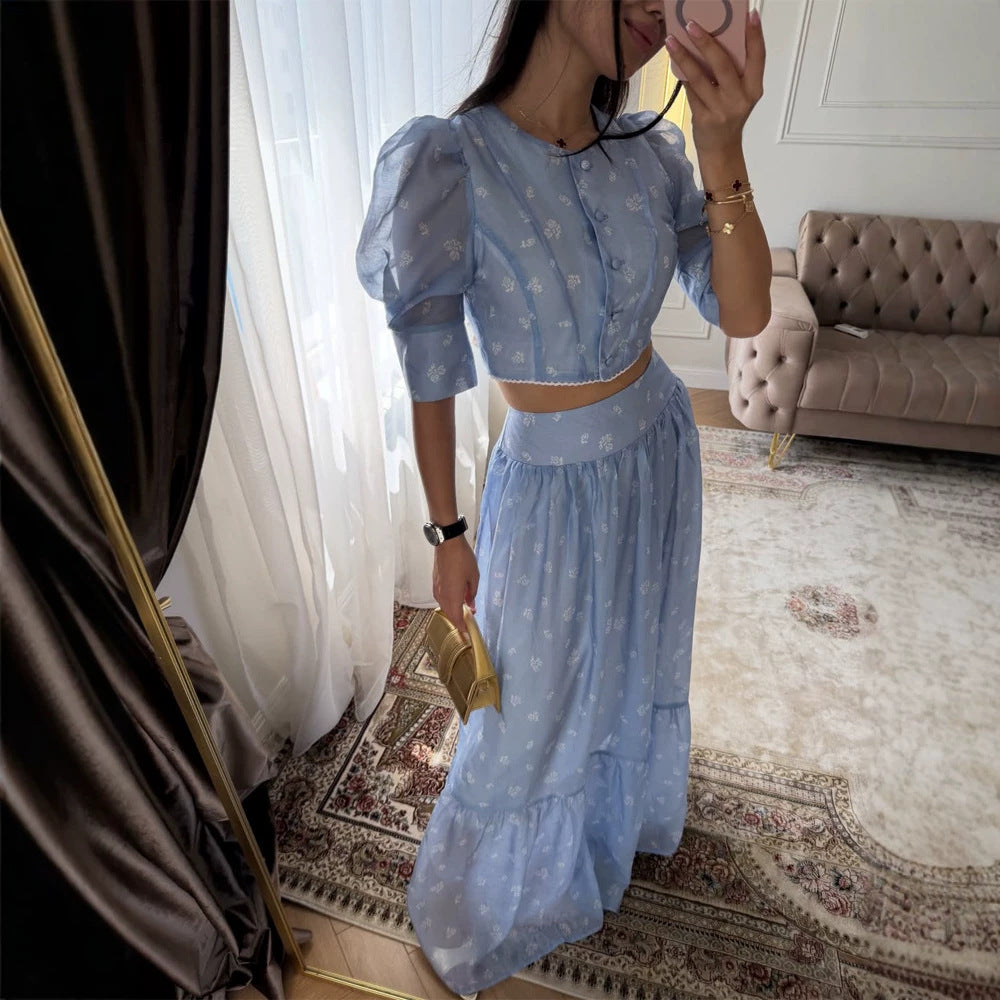 Women's Two-Piece Chiffon Set with Cropped Puff Blouse and Tiered Maxi Skirt Mune Fashion