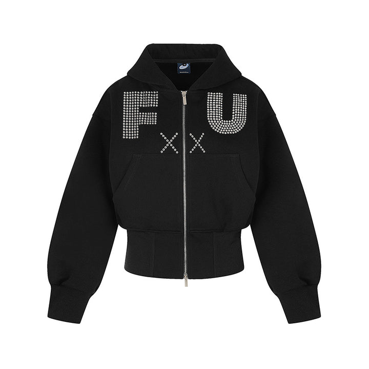 Ladies Short Hooded Sweat Jacket with Full Zip, Wide Ribbed Hem and Rhinestone Logo Mune Fashion