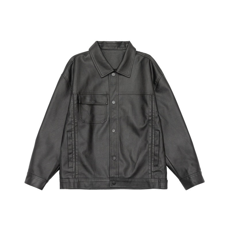 Men's loosely cut overshirt in vintage leather look with snap button front and breast flap Mune Fashion