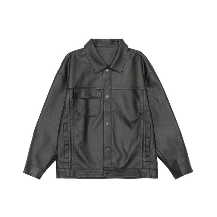 Men's loosely cut overshirt in vintage leather look with snap button front and breast flap Mune Fashion