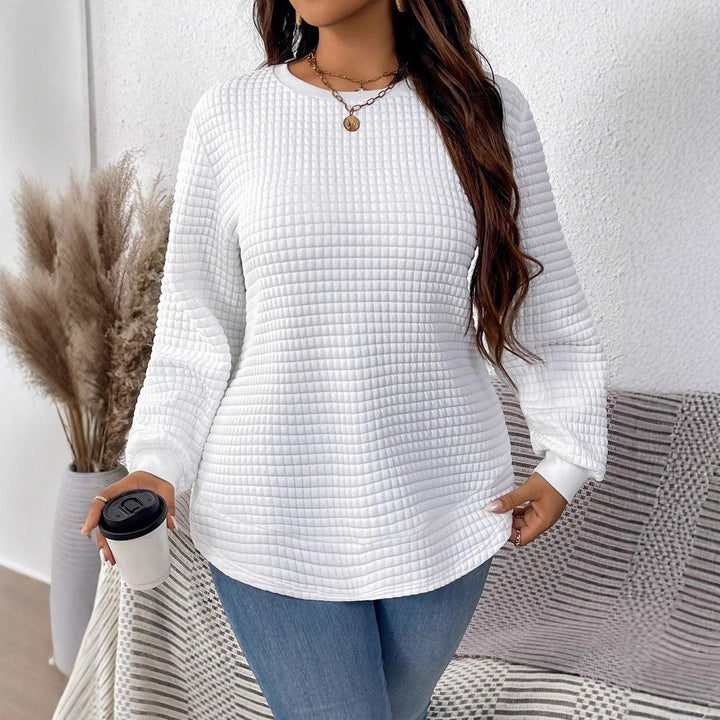 Women waffle knit long sleeve with round neckline, slightly A-line cut and ribbed cuffs Mune Fashion