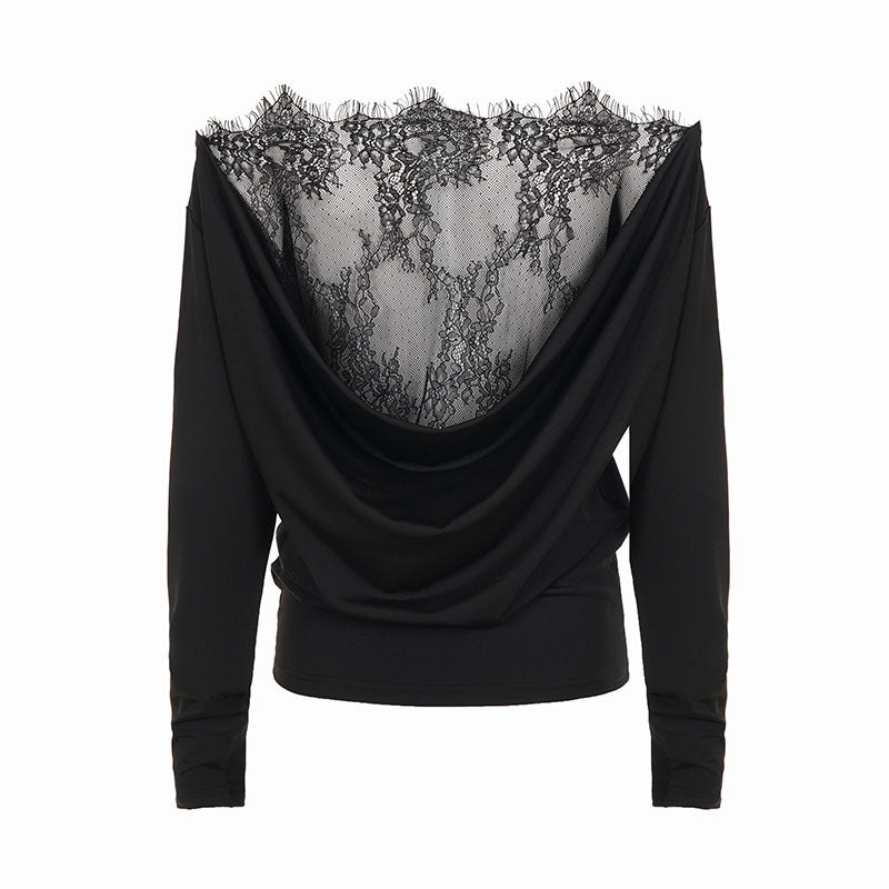 Women Draped Long Sleeve Top with Deep Waterfall Back and Fine Lace Back Panel Mune Fashion
