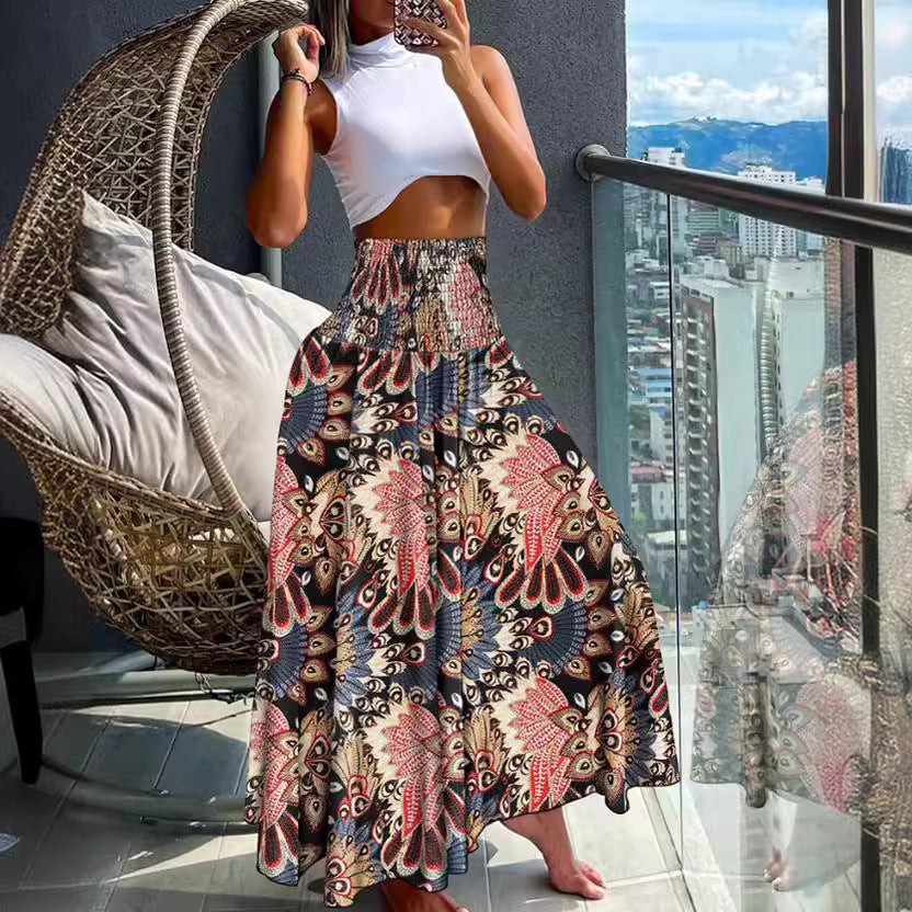 Women’s Maxi Skirt with High Smock Waist and Wide Boho Print Mune Fashion