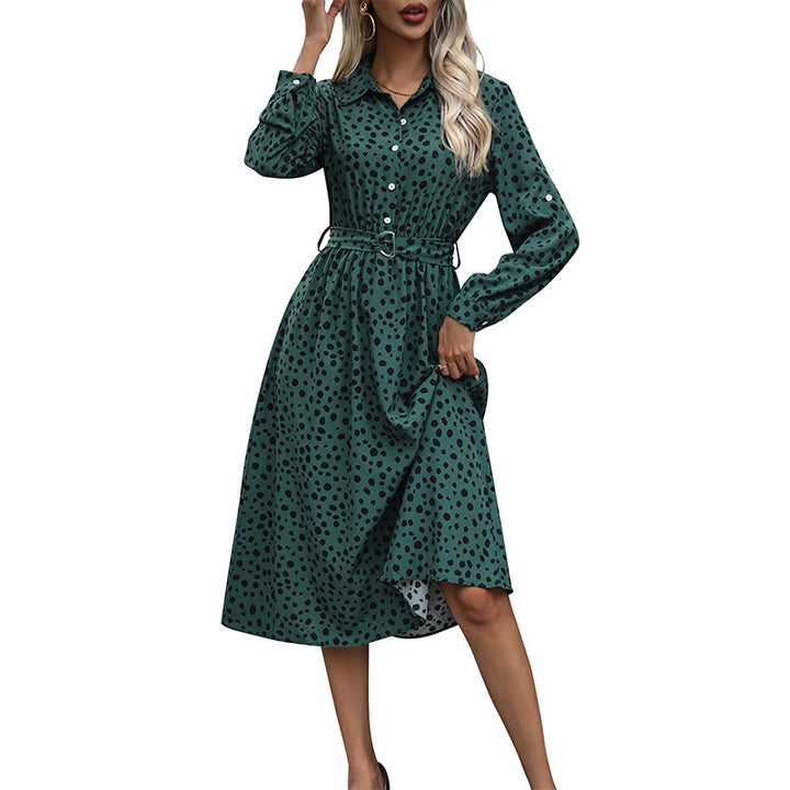 Women's Long-Sleeved Shirt Dress with Belt and Dots Mune Fashion