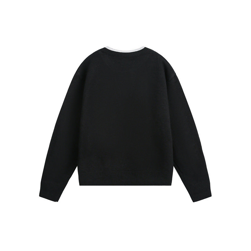 Unisex Chunky Knit Sweater with V-button Placket and Layered Collar Mune Fashion