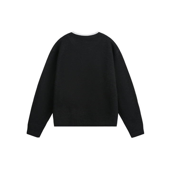Unisex Chunky Knit Sweater with V-button Placket and Layered Collar Mune Fashion