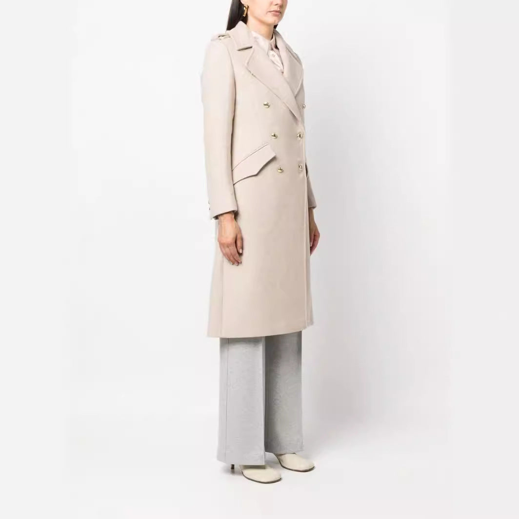 Women Mid-length double-breasted tailoring coat with fitted seam and decorative straps Mune Fashion