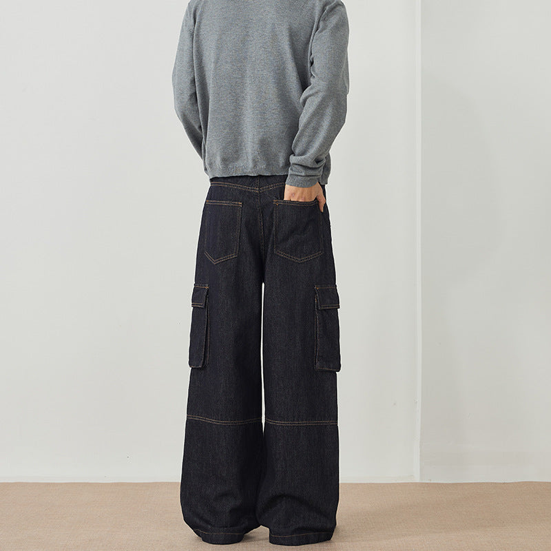 Men's Loose Denim Cargo Palazzo Pants with Panel Seams, Flap Pockets and Raw Finish Mune Fashion