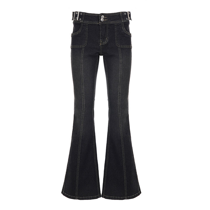 Ladies High-Waisted Flared Jeans with Center Seam and Decorative Belt Loops Mune Fashion