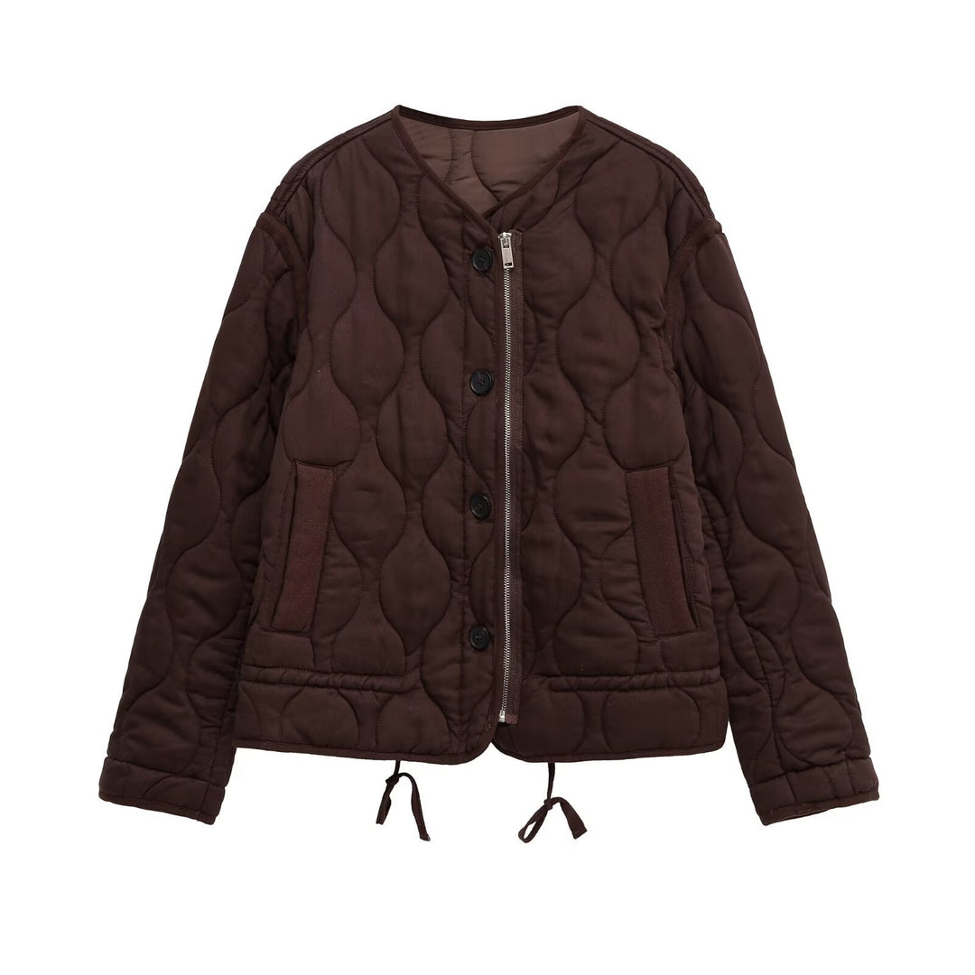 Women quilted transition jacket with zipper and button placket, round neck and drawstring Mune Fashion