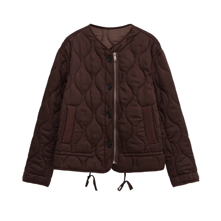 Women quilted transition jacket with zipper and button placket, round neck and drawstring Mune Fashion