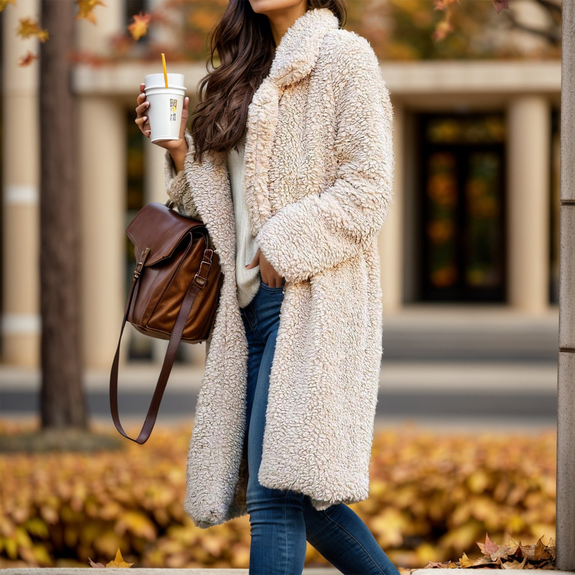 Women's Long Teddy Coat made of Faux Fur with Oversize Cut and Shawl Collar Mune Fashion