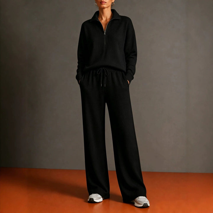 Women's cozy knit relax suit with half zipper, drawstring waistband, and wide leg Mune Fashion