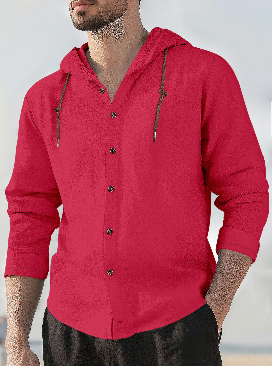 Men's textured linen blend hooded shirt with button placket, wood buttons, and side slits Mune Fashion