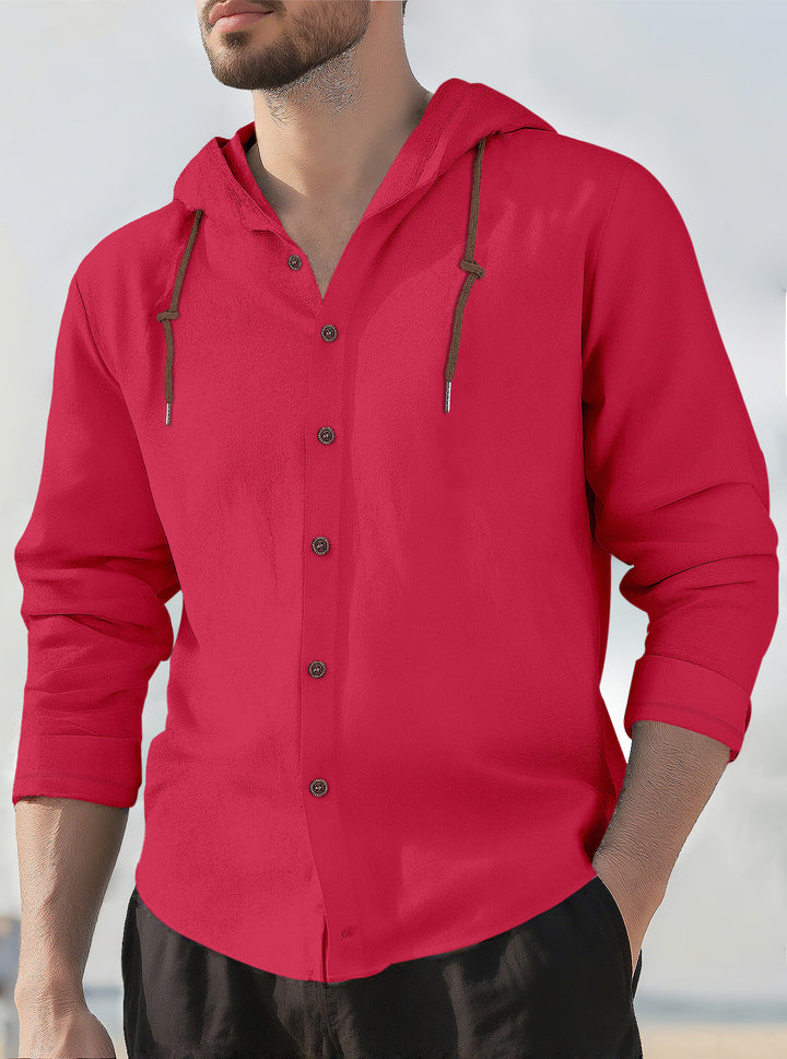 Men's textured linen blend hooded shirt with button placket, wood buttons, and side slits Mune Fashion