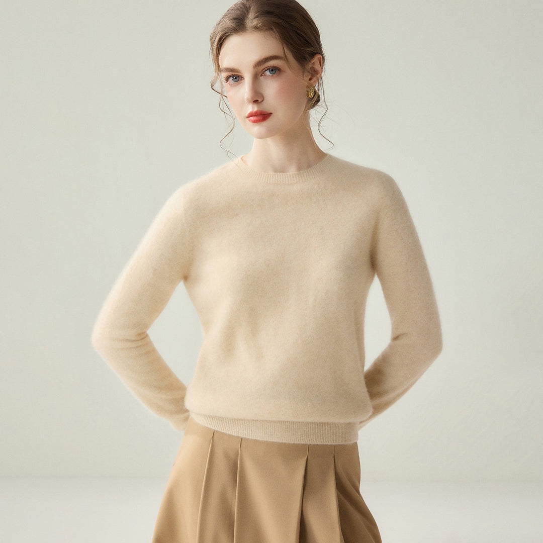 Ladies Lightweight Round Neck Sweater in Cashmere Look with Extra Fine Pile and Ribbed Hem Mune Fashion