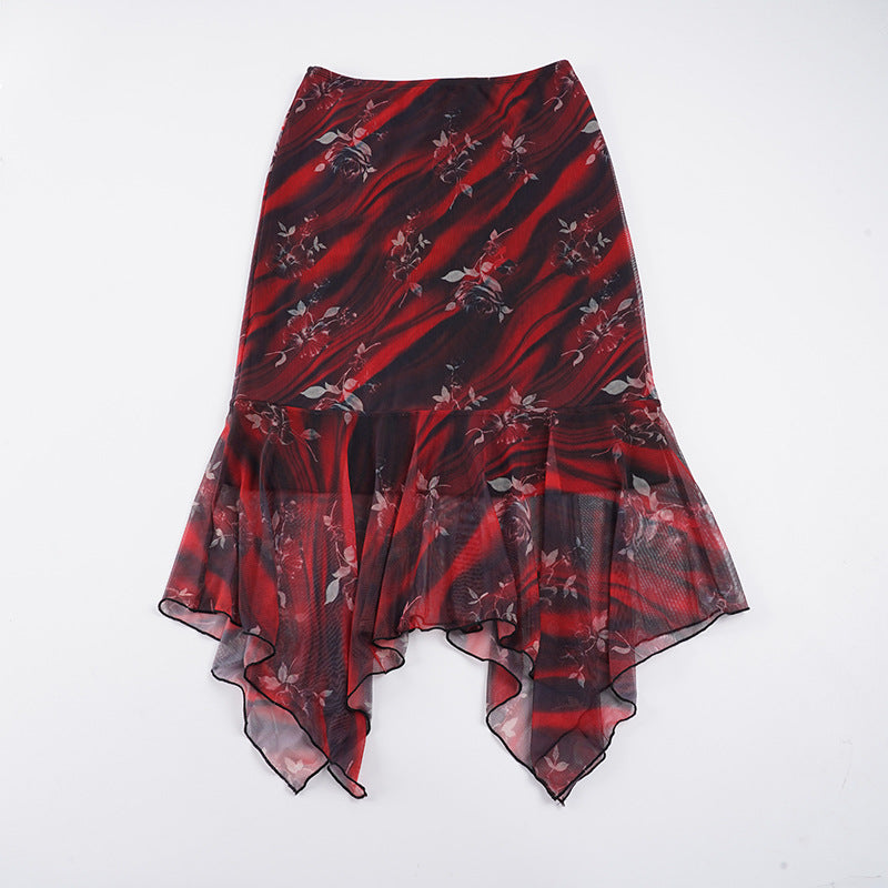 Women Asymmetrical Mesh Midi Skirt with Ruffle Layers and Floral Pattern Mune Fashion