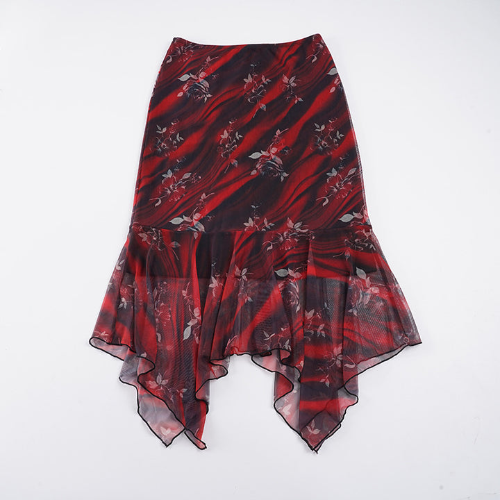 Women Asymmetrical Mesh Midi Skirt with Ruffle Layers and Floral Pattern Mune Fashion