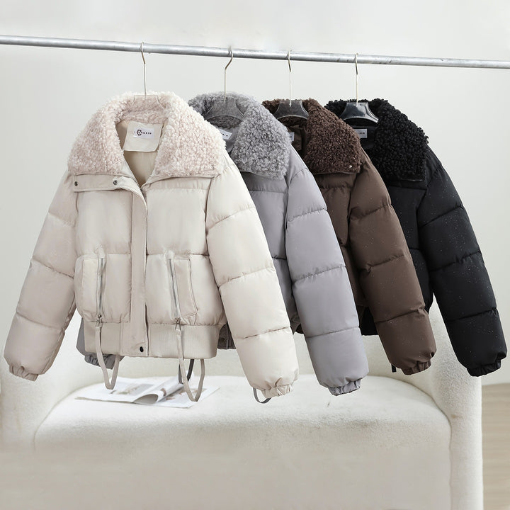 Women's cropped puffer jacket with teddy collar, zip pockets and ribbed cuffs Mune Fashion