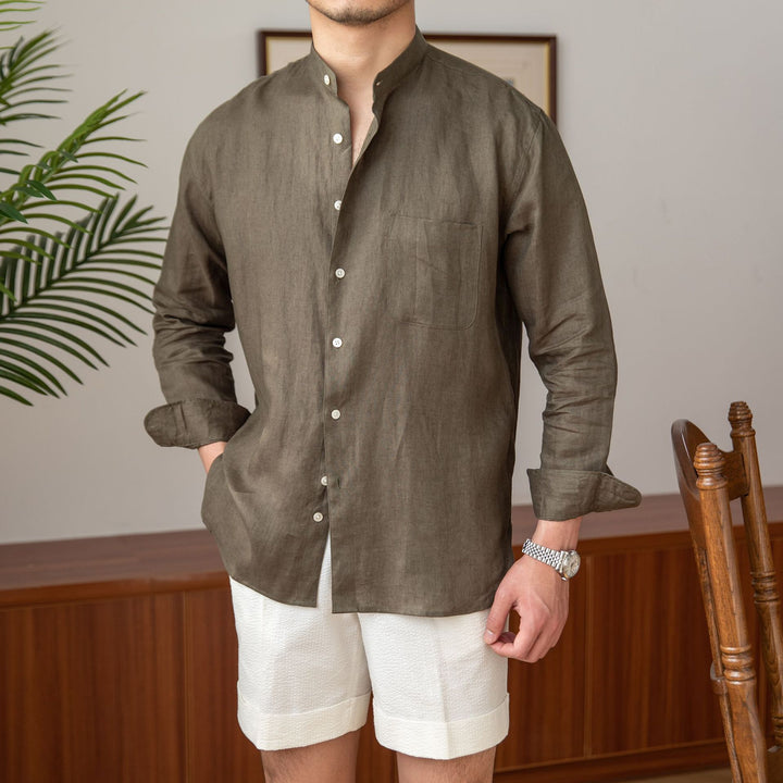 Men's linen shirt with stand-up collar and chest pocket Mune Fashion