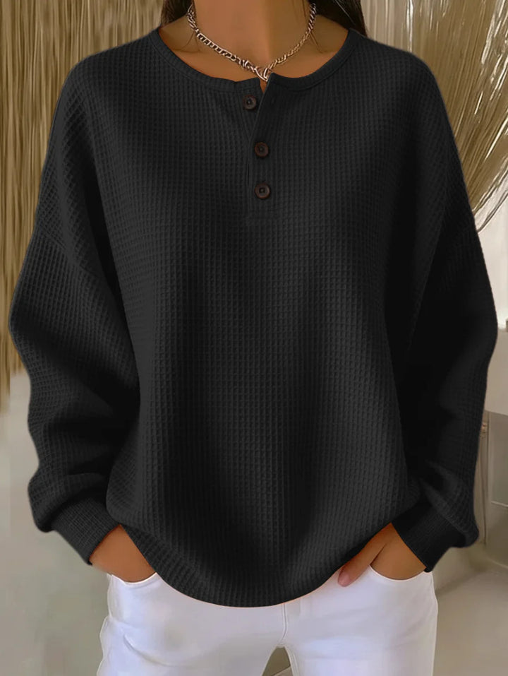Women's Oversized Waffle Knit Henley Sweater with Button Placket and Rounded Hem Mune Fashion
