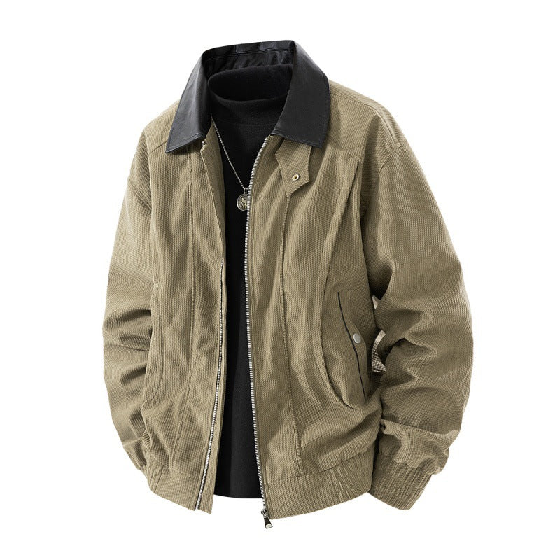 Men's nano cord jacket with contrasting faux leather collar, concealed zipper and practical flap pockets Mune Fashion