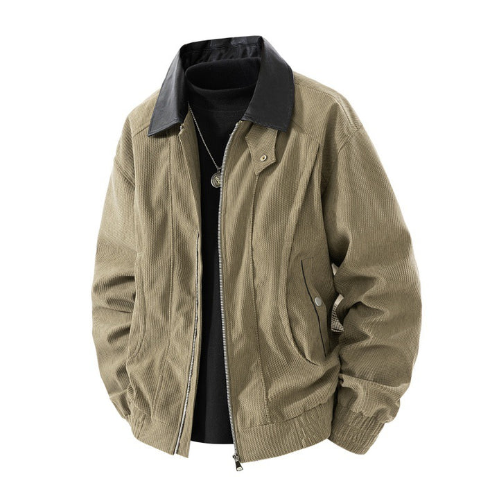 Men's nano cord jacket with contrasting faux leather collar, concealed zipper and practical flap pockets Mune Fashion