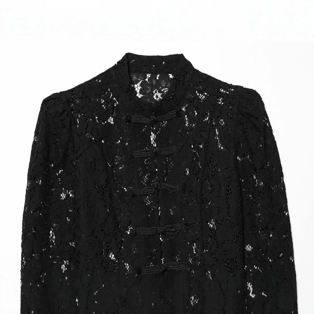 Women's transparent lace jacket in Chinese style with stand-up collar and knot closures Mune Fashion
