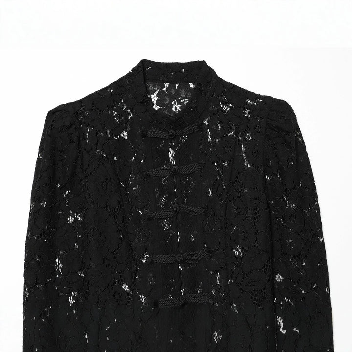 Women's transparent lace jacket in Chinese style with stand-up collar and knot closures Mune Fashion