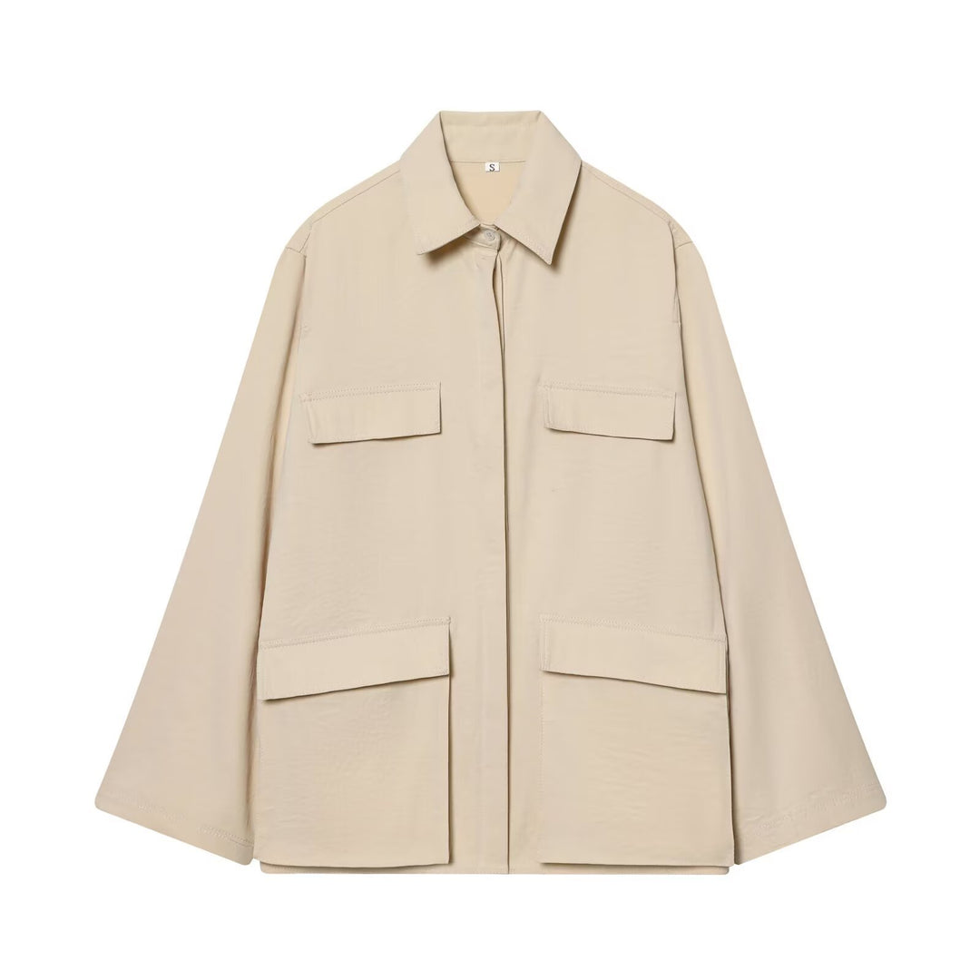 Women's Oversize Field Jacket in Boxy Cut with Four Flap Pockets and Concealed Snap Placket Mune Fashion