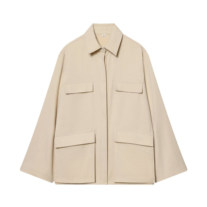 Women's Oversize Field Jacket in Boxy Cut with Four Flap Pockets and Concealed Snap Placket Mune Fashion