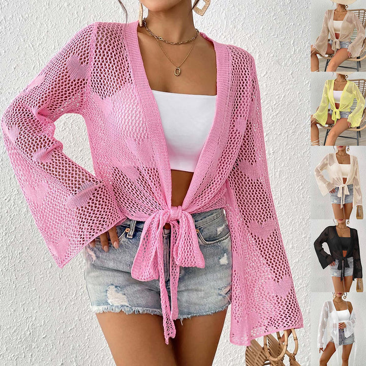 Women's airy knitted kimono with open front and drawstring