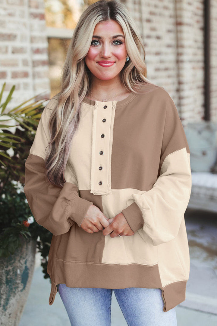 Women's Oversize Colorblock Sweatshirt with Henley Button Placket, Balloon Sleeves and Ribbed Hem Mune Fashion