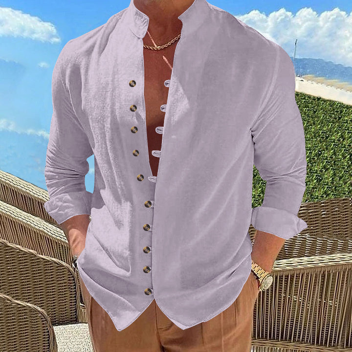 Men's long-sleeved stand-collar shirt made from a lightweight linen-viscose blend with asymmetric decorative button placket Mune Fashion