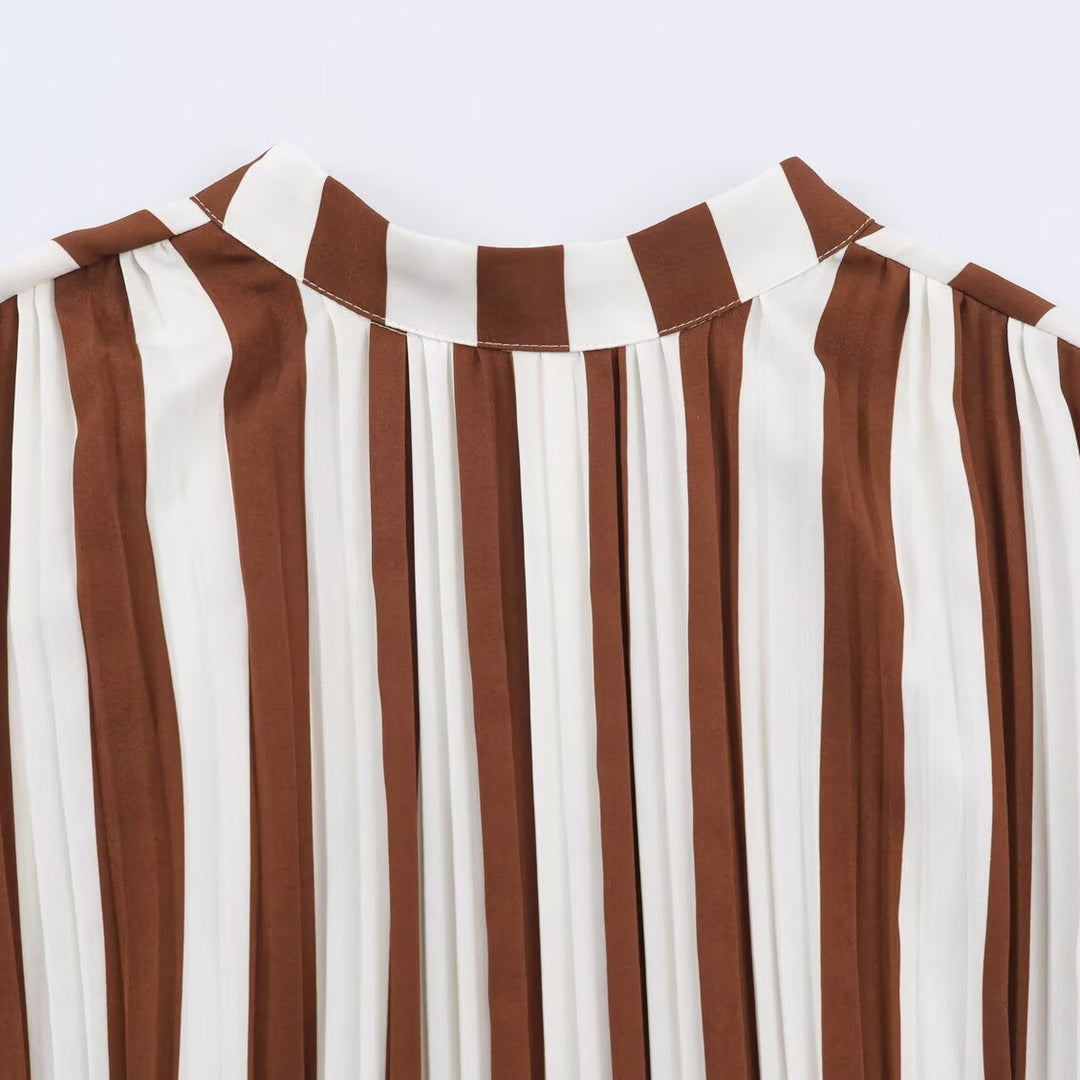 Women's Striped Midi Dress with Stand-up Collar, Tailored Belt and Flared A-Line Skirt Mune Fashion